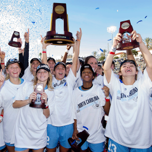 Photo of UNC women's soccer team holding NCAA national championship trophy