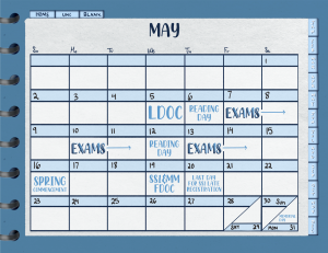 Calendar page of May 2021 with spring semester dates 