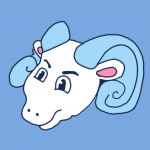 A sticker depicting RJ facing left on a blue background