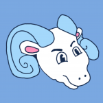 A sticker depicting RJ facing right on a blue background
